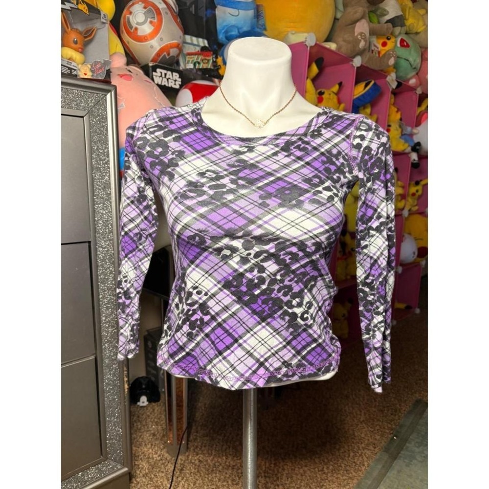 Y2K Energie Purple Plaid Leopard Print Long Sleeve Top Size Large #2